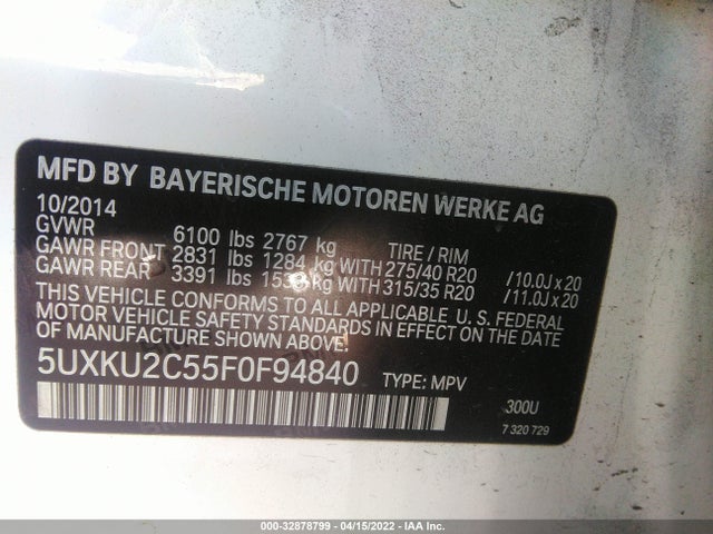 2015 BMW X6, VIN: 5UXKU2C55F0F94840