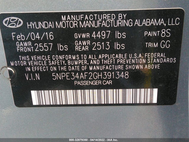 2016 HYUNDAI SONATA 2.4L LIMITED VIN: 5NPE34AF2GH391348