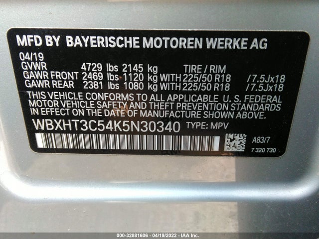 2019 BMW X1, VIN: WBXHT3C54K5N30340