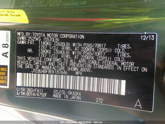 2014 Toyota FJ Cruiser, VIN: JTEBU4BF8EK187646