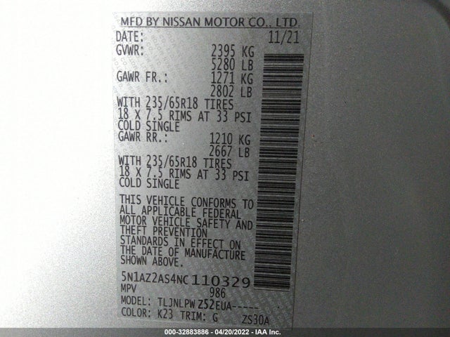 2022 Nissan Murano, VIN: 5N1AZ2AS4NC110329