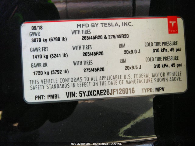 2018 Tesla Model X, VIN: 5YJXCAE26JF126016