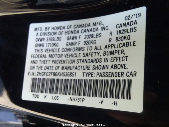 2019 HONDA CIVIC SEDAN SPORT VIN: 2HGFC2F86KH536851