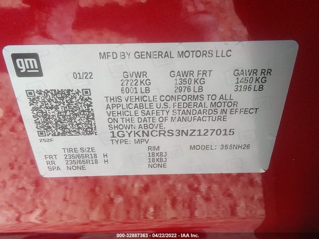 2022 Cadillac XT5, VIN: 1GYKNCRS3NZ127015