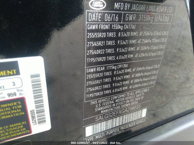2016 Land Rover Range Rover, VIN: SALGS2EFXGA298555