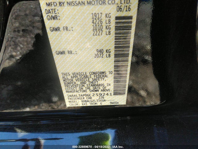 2016 NISSAN ALTIMA 2.5 S VIN: 1N4AL3AP0GC259241