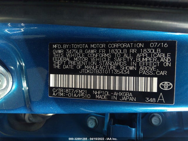 2016 Toyota Prius, VIN: JTDKDTB31G1135434