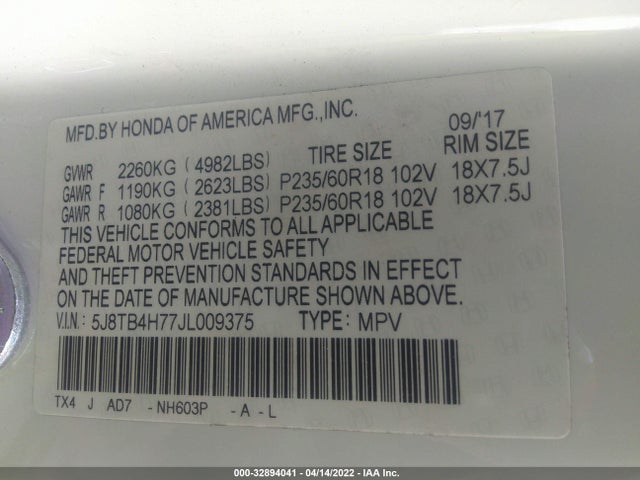 2018 Acura RDX, VIN: 5J8TB4H77JL009375