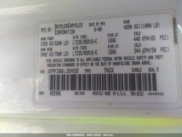 Продаж на аукціоні авто 2001 Dodge Ram 3500 St, vin: 1B7MF33661J524332, номер лоту: 32894932