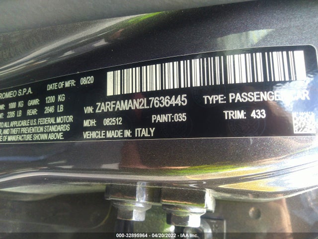 2020 Alfa Romeo Giulia, VIN: ZARFAMAN2L7636445