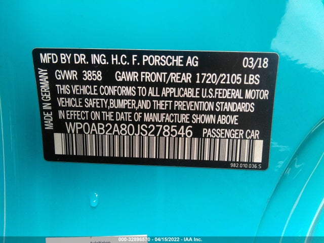2018 Porsche 718, VIN: WP0AB2A80JS278546