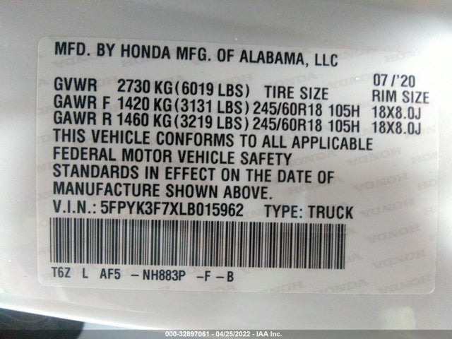 2020 Honda Ridgeline, VIN: 5FPYK3F7XLB015962
