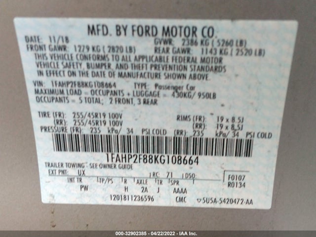 2019 Ford Taurus, VIN: 1FAHP2F88KG108664
