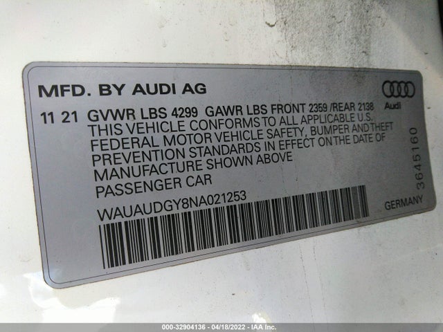 2022 Audi A3, VIN: WAUAUDGY8NA021253