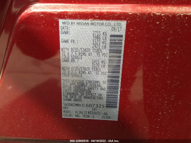 5N1DR2MMXJC607325 Nissan Pathfinder Platinum