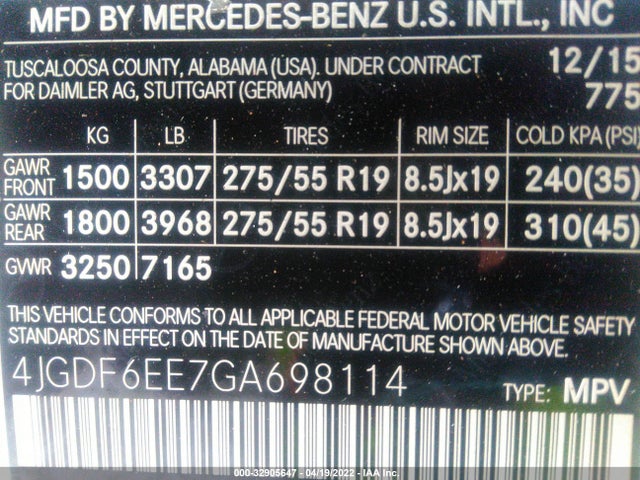 2016 Mercedes-Benz GL-Class, VIN: 4JGDF6EE7GA698114