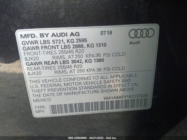 2019 Audi SQ5, VIN: WA1A4AFY1K2137235