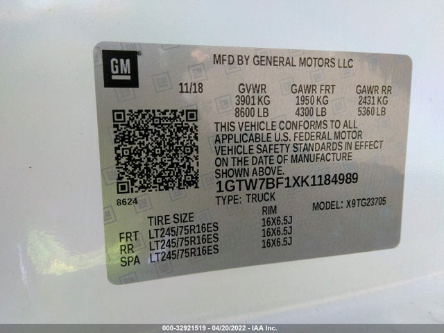 2019 GMC Savana, VIN: 1GTW7BF1XK1184989