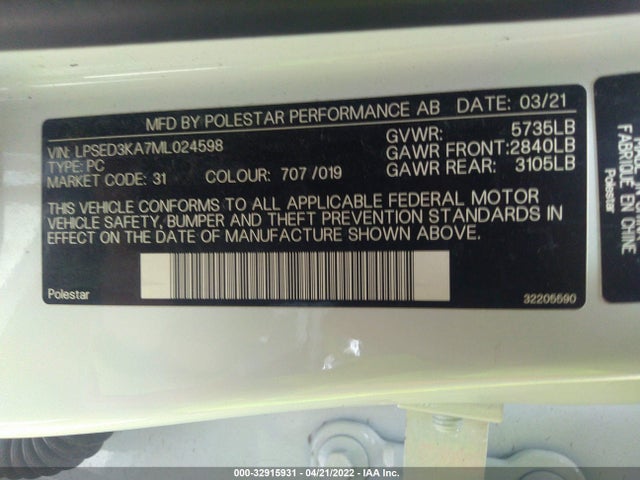 2021 Polestar 2, VIN: LPSED3KA7ML024598
