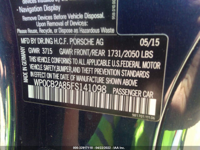 2015 Porsche Boxster, VIN: WP0CB2A85FS141098