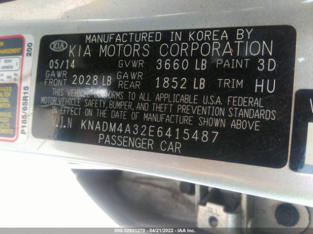 KNADM4A32E6415487 KIA RIO LX