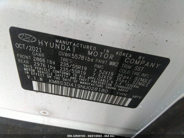 2022 Hyundai Santa Fe, VIN: KM8S3DA19NU028180