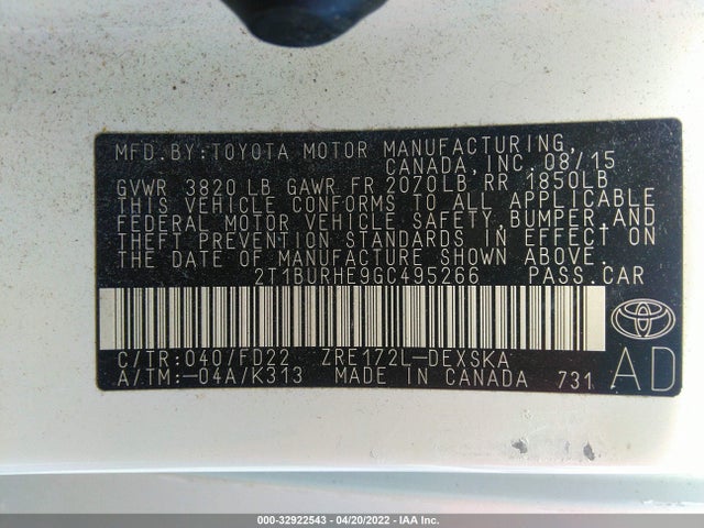 Toyota Corolla 2016 2T1BURHE9GC495266 Image 11