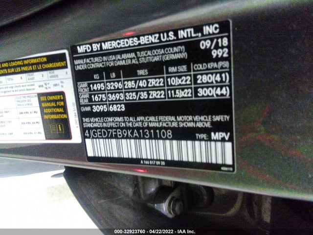 2019 Mercedes-Benz GLE-Class, VIN: 4JGED7FB9KA131108