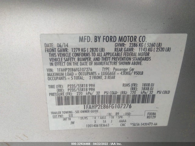 2015 Ford Taurus, VIN: 1FAHP2E86FG107276