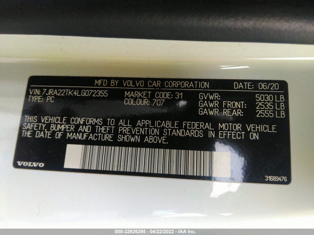 2020 Volvo S60, VIN: 7JRA22TK4LG072355