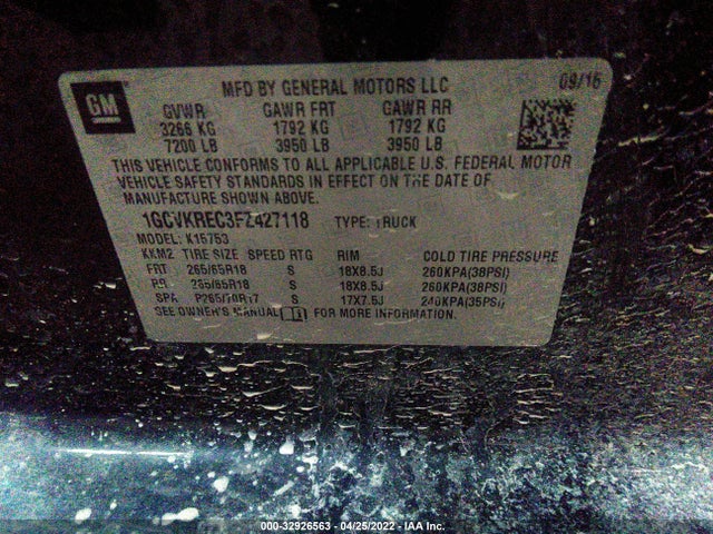 2015 CHEVROLET SILVERADO 1500 LT VIN: 1GCVKREC3FZ427118