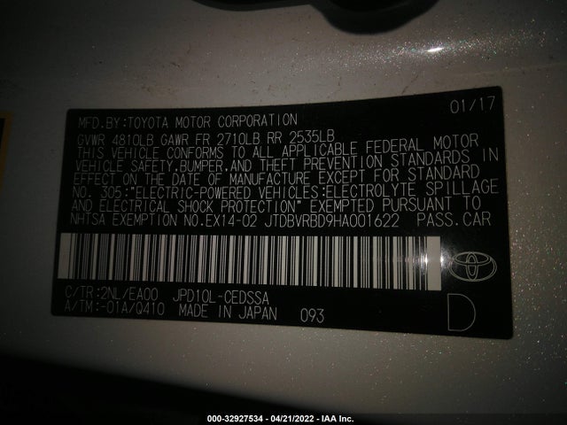 2017 Toyota Mirai, VIN: JTDBVRBD9HA001622