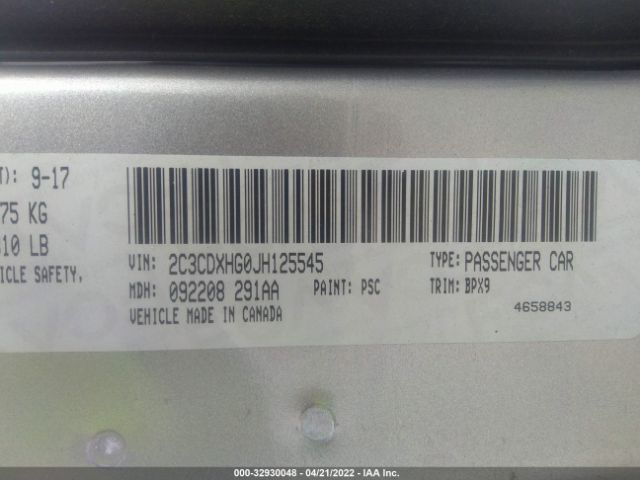 2C3CDXHG0JH125545 Dodge Charger Sxt Plus Rwd