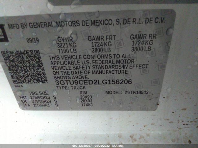 3GTU9CED2LG156206 GMC Sierra 1500 Elevation