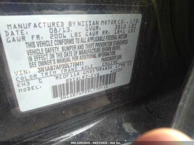 2013 Nissan Sentra Sr მანქანა იყიდება აუქციონზე, vin: 3N1AB7AP2DL770411, აუქციონის ნომერი: 32933435