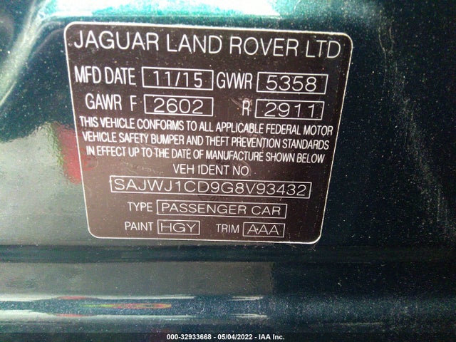 2016 Jaguar XJ, VIN: SAJWJ1CD9G8V93432