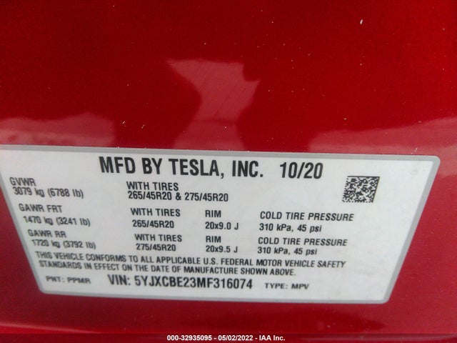 2021 Tesla Model X, VIN: 5YJXCBE23MF316074