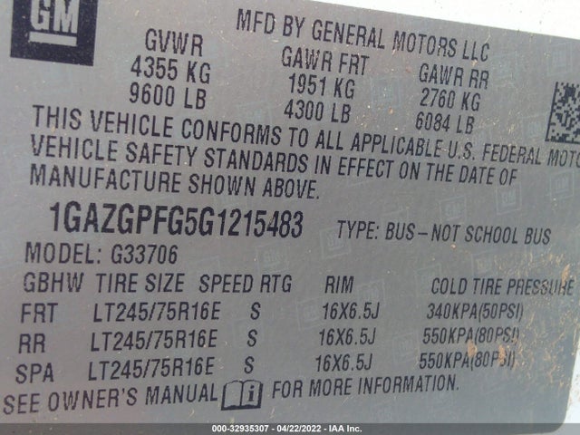 2016 Chevrolet Express, VIN: 1GAZGPFG5G1215483