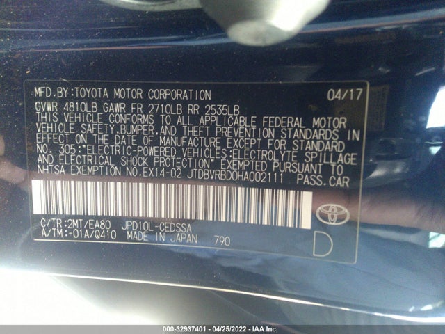 2017 Toyota Mirai, VIN: JTDBVRBD0HA002111