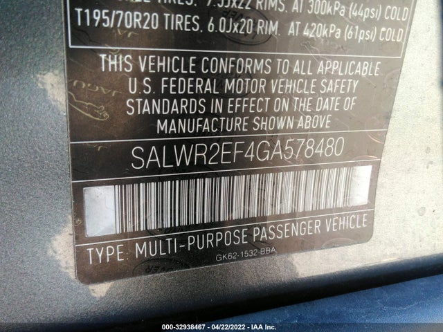 2016 Land Rover Range Rover Sport, VIN: SALWR2EF4GA578480