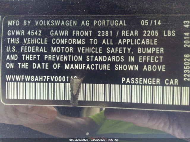 2015 Volkswagen Eos, VIN: WVWFW8AH7FV000116