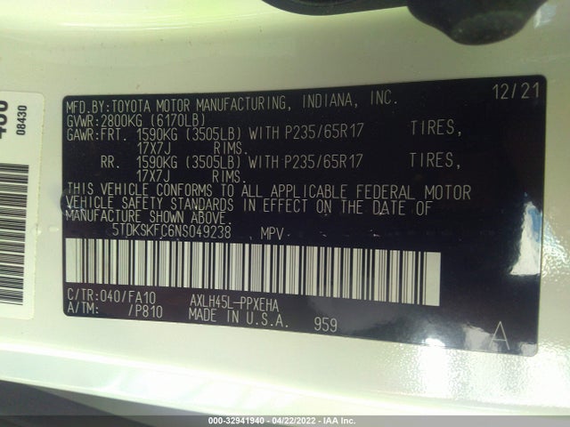 2022 Toyota Sienna, VIN: 5TDKSKFC6NS049238