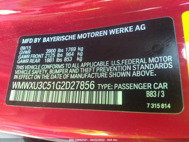 2016 Mini Cooper, VIN: WMWXU3C51G2D27856