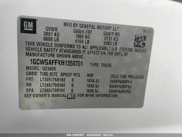 2017 Chevrolet Express, VIN: 1GCWGAFFXH1350751
