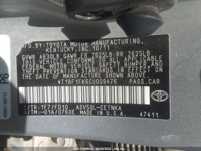 2012 TOYOTA CAMRY VIN: 4T1BF1FK6CU009476