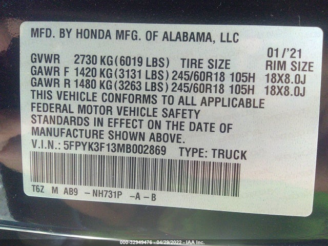 2021 Honda Ridgeline, VIN: 5FPYK3F13MB002869