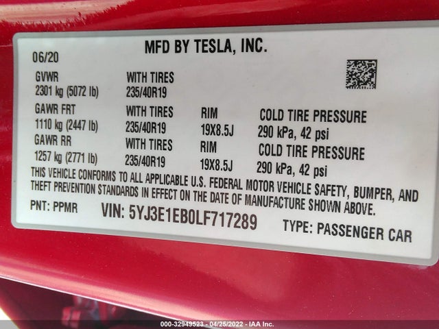 5YJ3E1EB0LF717289 Tesla Model 3 Long Range