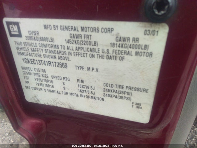 GMC YUKON SLT 2001 1GKEC13T41R172669 Image 10