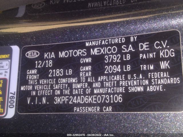 3KPF24AD6KE073106 KIA FORTE FE
