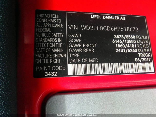 2017 Mercedes-Benz Sprinter, VIN: WD3PE8CD6HP518673